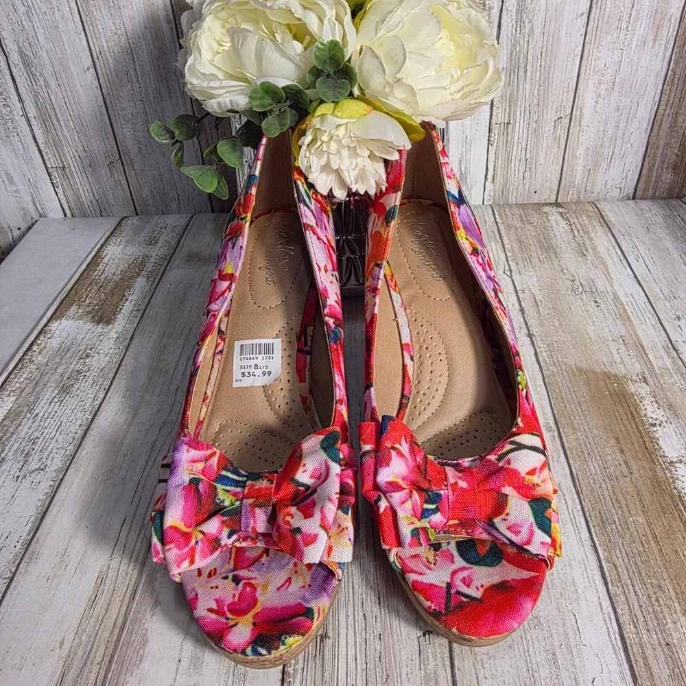 Dexflex Comfort Womens Floral Peep Toe Wedge Shoes Pink Multicolor Bow Size 8.5